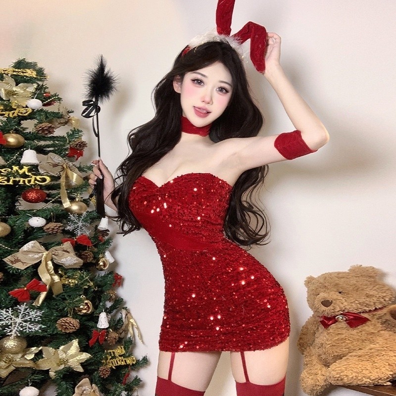 圣诞节性感cos氛围感穿搭红色热辣性感丝绒连衣裙女短裙套装秋冬,淘宝优惠券,粉丝福利购,淘宝优惠卷