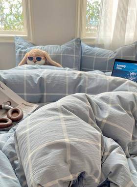 北欧全棉水洗棉色织四件套学生简约宿舍被套三件套