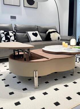 客厅升降茶几微晶石马鞍小户型家用极简高级储物椭圆茶几