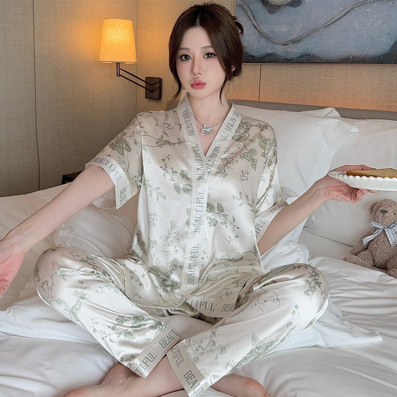 BDJ 丝绸睡衣 2024新款奢华睡衣女夏季冰丝薄款短袖长裤套装夏天_莎琪潮流店_女士内衣/男士内衣/家居服-第5张图片-提都小院