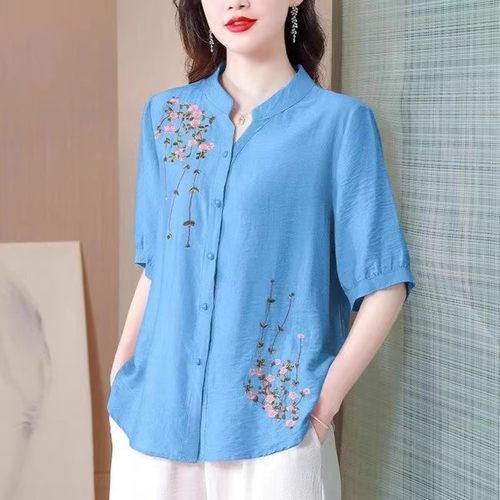 妈妈夏装女士衬衫2024新款棉麻中老年上衣女洋气绣花衬衣显瘦小衫 - 图3