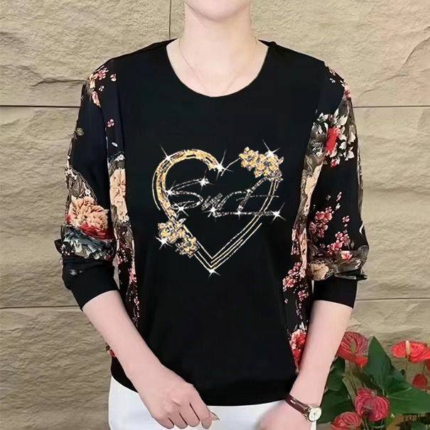 秋冬新款圆领烫钻中老年妈妈洋气大码宽松显瘦遮肉百搭长袖上衣女,淘宝优惠券,粉丝福利购,淘宝优惠卷