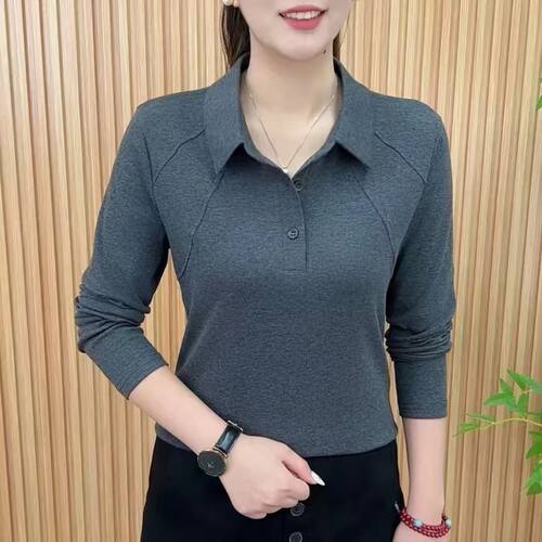 2025新款中老年妈妈宽松显瘦大码长袖t恤秋冬翻领POLO时尚上衣女 - 图0