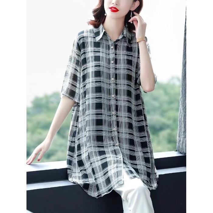 2024新款衬衫七分袖中年妈妈雪纺衫女士上衣大码宽松洋气印花女装