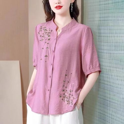 妈妈夏装女士衬衫2024新款棉麻中老年上衣女洋气绣花衬衣显瘦小衫 - 图1