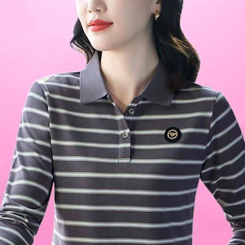 春秋Polo领中年妈妈条纹显瘦大码减龄上衣新款翻领洋气长袖T恤女,淘宝优惠券,粉丝福利购,淘宝优惠卷
