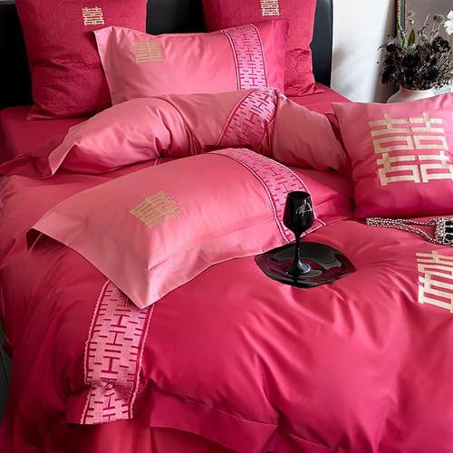 渐变色婚庆四季贡缎长绒棉四件套红色结婚现代风刺绣被套床上用品 - 图1