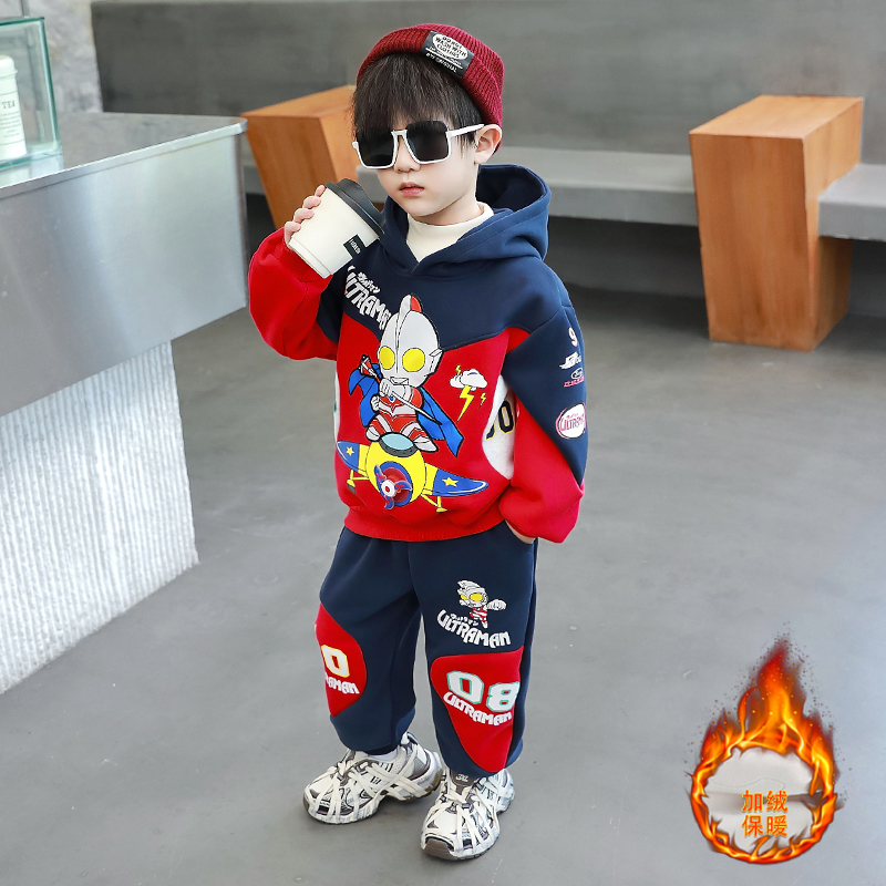 奥特曼男童加绒套装秋冬2024新款宝宝衣服加厚儿童冬装男孩卫衣潮