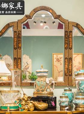 法式奢华中国风玄关欧美式复古手绘棕色风景绘画实木玄关柜