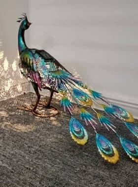 外贸欧美户外庭院别墅动物太阳能灯发光落地花园装饰摆件铁艺孔雀