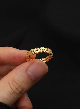 钱多多戒指复古铜钱戒指不锈钢招财钱多聚财转运指环吉祥寓意戒指