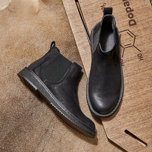 秋冬男士切尔西短靴时尚英伦风百搭休闲马丁靴真皮加绒圆头靴子 - 图1