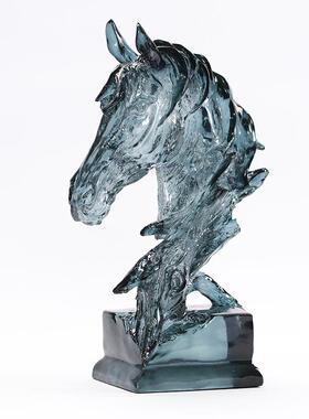 北欧轻奢浅蓝色马头树脂摆件后现代酒店别墅展厅玄关动物软装饰品