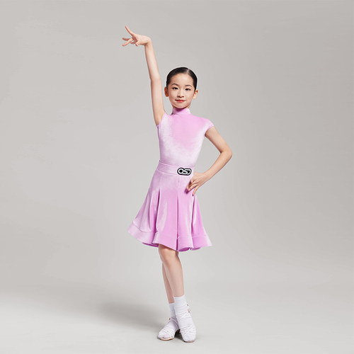 OSD拉丁舞服女童标准规定专业比赛服高领包肩短袖丝绒儿童舞蹈服 - 图2