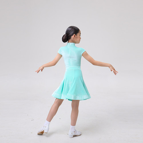 OSD拉丁舞服女童标准规定专业比赛服高领包肩短袖丝绒儿童舞蹈服 - 图3