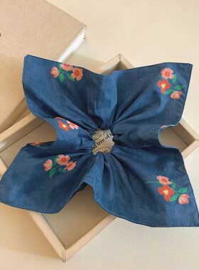 蓝色牛仔花朵方巾大肠发圈慵懒风扎丸子头仙女发绳发饰双层扎头发