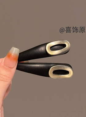 韩系新款时尚简约高级感黑色皮质镂空椭圆发夹高级感刘海边夹头饰