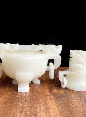 天然白玉香炉摆件装饰家居客厅桌面玄关彷古薰香炉三足玉鼎石玉雕