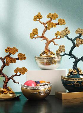 新中式树脂桌面桌上摆件发财树家居饰品办公室客厅玄关电视柜摆件
