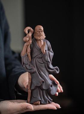 中式紫砂手工艺品禅意达摩祖师摆件客厅家居博古架装饰品人物摆设