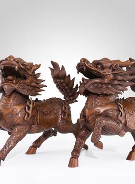 紫铜麒麟摆件一对公母招镇客厅玄关住宅门口办公室财大号铜火麒麟