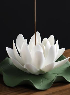白莲花摆件陶瓷莲花供花仿真花观音佛像装饰禅意车载佛前白色荷花