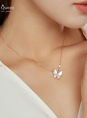 玫瑰金S925纯银蝴蝶项链2024新款女白贝母轻奢小众新年锁骨链礼物