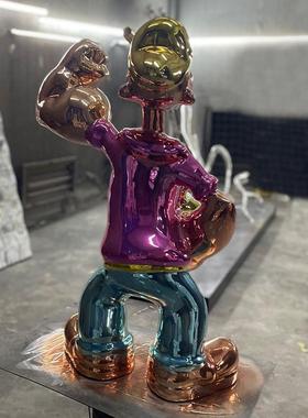 玻璃钢电镀大力水手雕塑树脂卡通人物模型摆件商业美陈办公装饰品