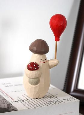 手工木雕白熊杏鲍菇举气球卡通可爱治愈系办公室桌面装饰品小摆件