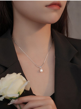 925纯银天然淡水珍珠项链女 轻奢小众锁骨链高级感吊坠 绳结颈链