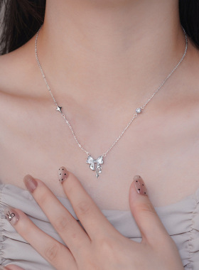 999纯银四芒星蝴蝶结项链女甜美百搭超闪镶钻锁骨链轻奢吊坠足银