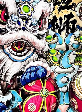 国潮醒狮摆件工艺品剪纸文创木质多福桌面客厅创意摆台精美摆件