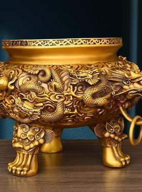 纯黄铜九龙香炉摆件供奉铜香炉鼎炉双龙戏珠香薰炉家用檀香三足