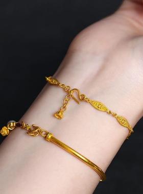 新中式古法黄金色菱形花双耳牌手链典雅复古风连接扣手饰可调节女