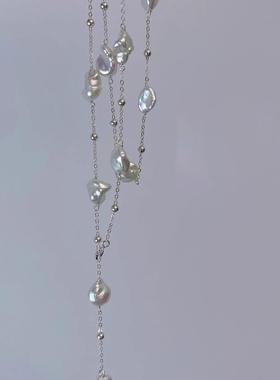 高级极光炫彩异形仿珍珠满天星项链锁骨链百搭毛衣链精品饰品