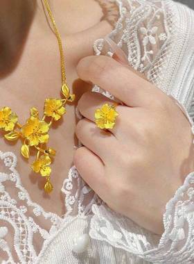 黄金色流苏繁花锁骨链轻奢百搭高级感时尚气质潮精致戒指饰品套链