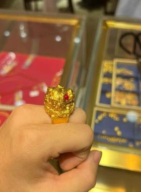 青狮将戒指男士红晶狴犴龙头戒指复古镀金国潮霸气神兽卷草纹戒指