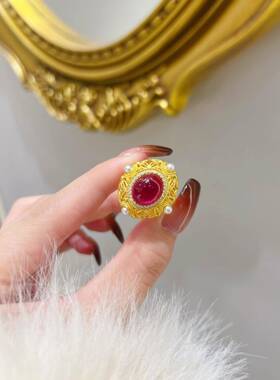 复古黄金色宫廷花丝珍珠彩宝铜钱纹戒指四方来财红玉髓宝石戒指女