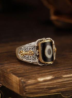 藏式天珠戒镶嵌人造一眼天珠戒指复古做旧高级感气质活口食指戒
