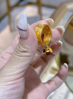 古法吉言手工鉴刻黄金色戒指万事大吉高级感十足结婚喜事戒指