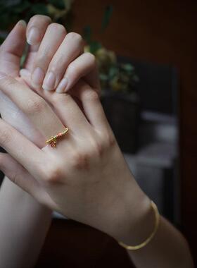 古法金圆珠戒指女戒福运锦鲤桃花开运大吉大轻奢高级感古指环
