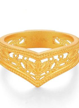 新款古法金色戒指复古花枝心形不规则闭口雕刻镂空小众时尚婚戒女