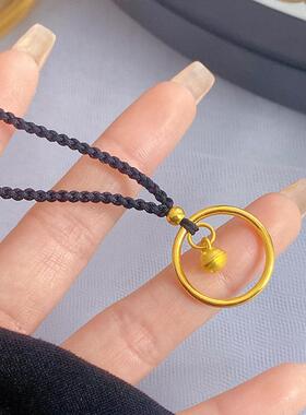 镀金铃铛素圈吊坠黑色编织绳转运珠一步一响项链女简约金色锁骨链