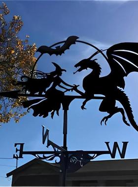 金属铁艺喷漆飞龙与女巫风向标摆件庭院户外铁艺风向标