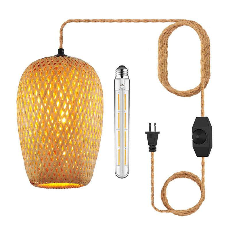 日式风格插电式吊灯藤制带可调光开关30CM麻绳竹制灯罩插电式吊灯,淘宝优惠券,粉丝福利购,淘宝优惠卷