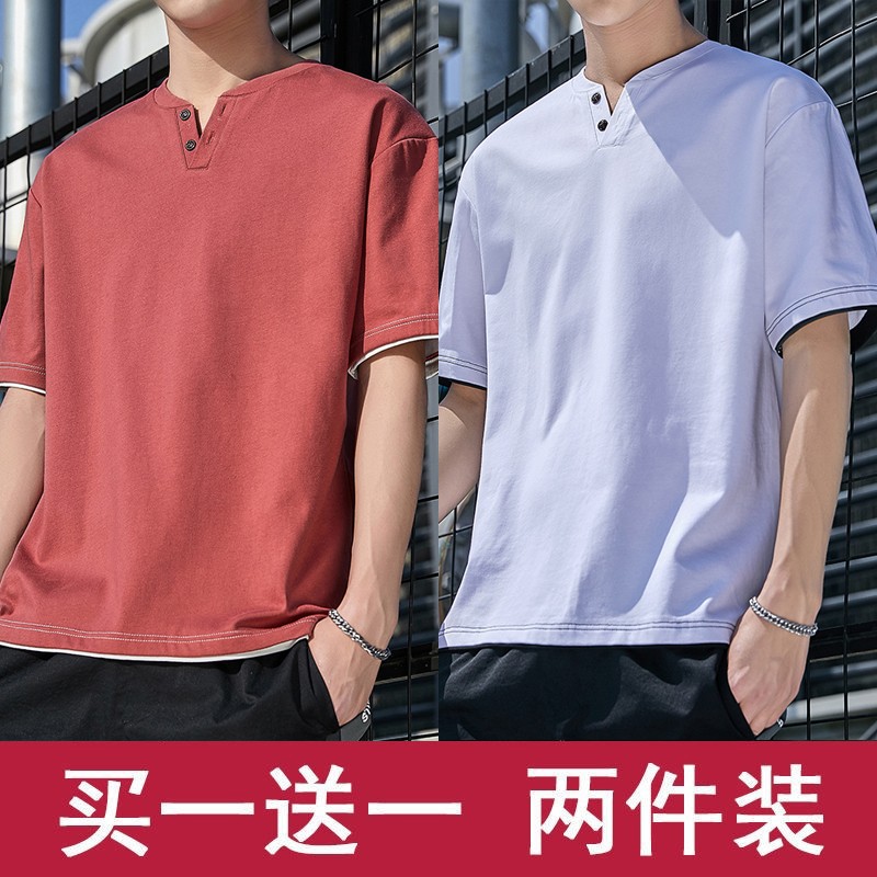 广州十三行潮流新款短袖男T恤 夏季V领纯棉潮牌百搭个性立领上衣