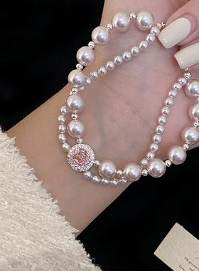 施家珍珠玫瑰切满锆双层抽拉手链