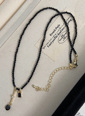 黑色水晶锆石流苏串珠项链女