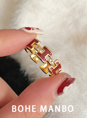 复古安可拉红滴釉H字母开口戒