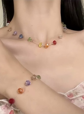 夏季多巴胺彩色水晶串锆石项链女